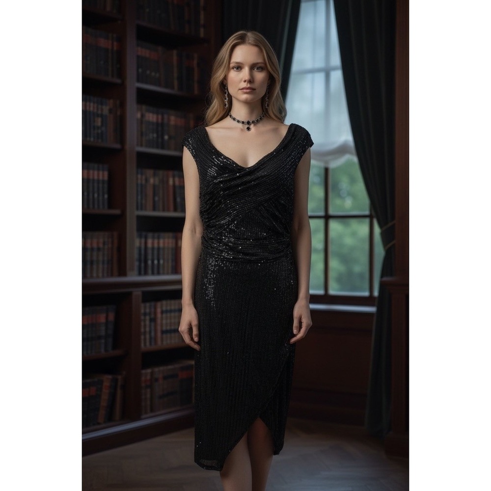 "JASAMBAC" Black Sequins Dress,Asymmetrical Hem, Sleeveless, Scoop Neck,Goth, - Picture 2 of 15